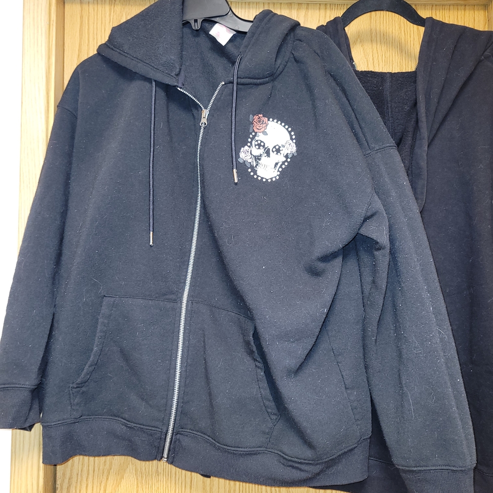 No Boundaries Black Zip-Up Skull W/ Roses Hoodie XXL (19)